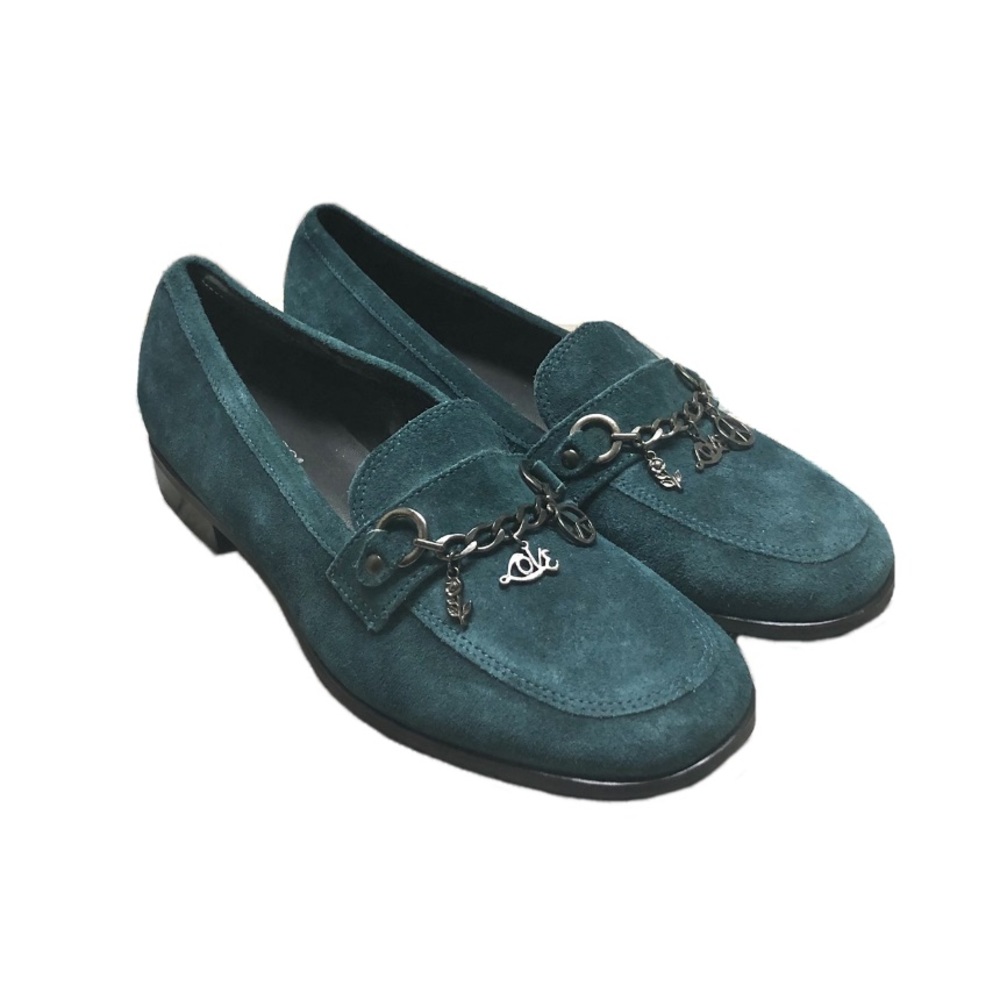 FRANCO SARTO Chain Charm Suede Loafers Shoes Green Sz 7.5